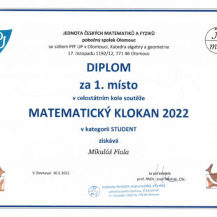 Matematický klokan 2022 – první místo